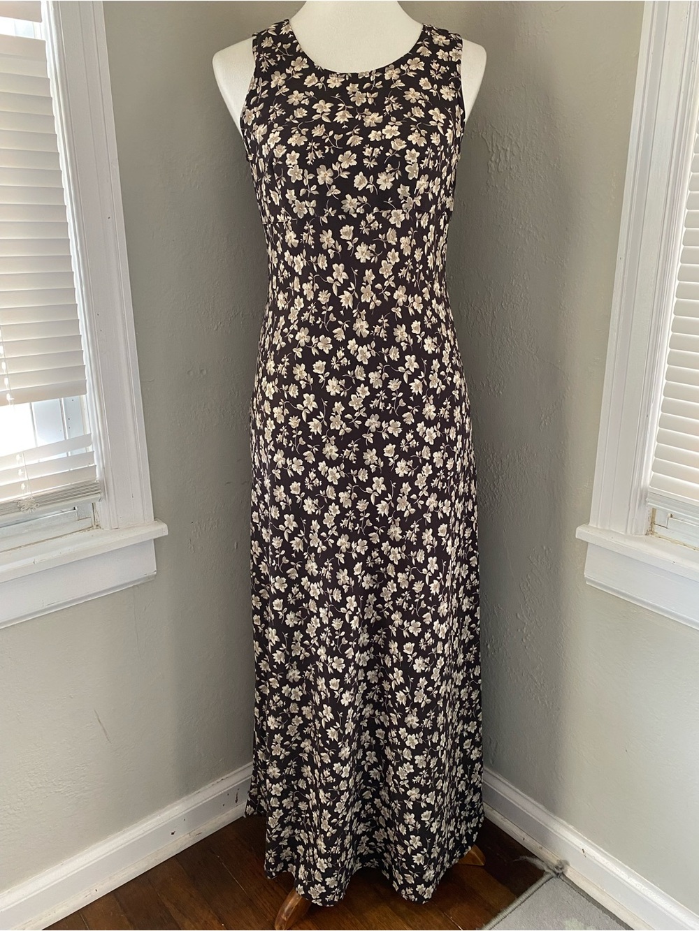 Vtg Brown Floral Maxi Dress Cottage Prairie Boho Teacher Peasant Hippie Market S